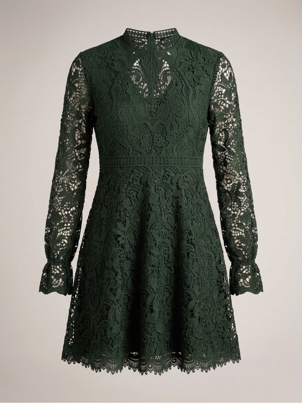 Zara Forest Green Long-Sleeve Lace Fit & Flare Dress